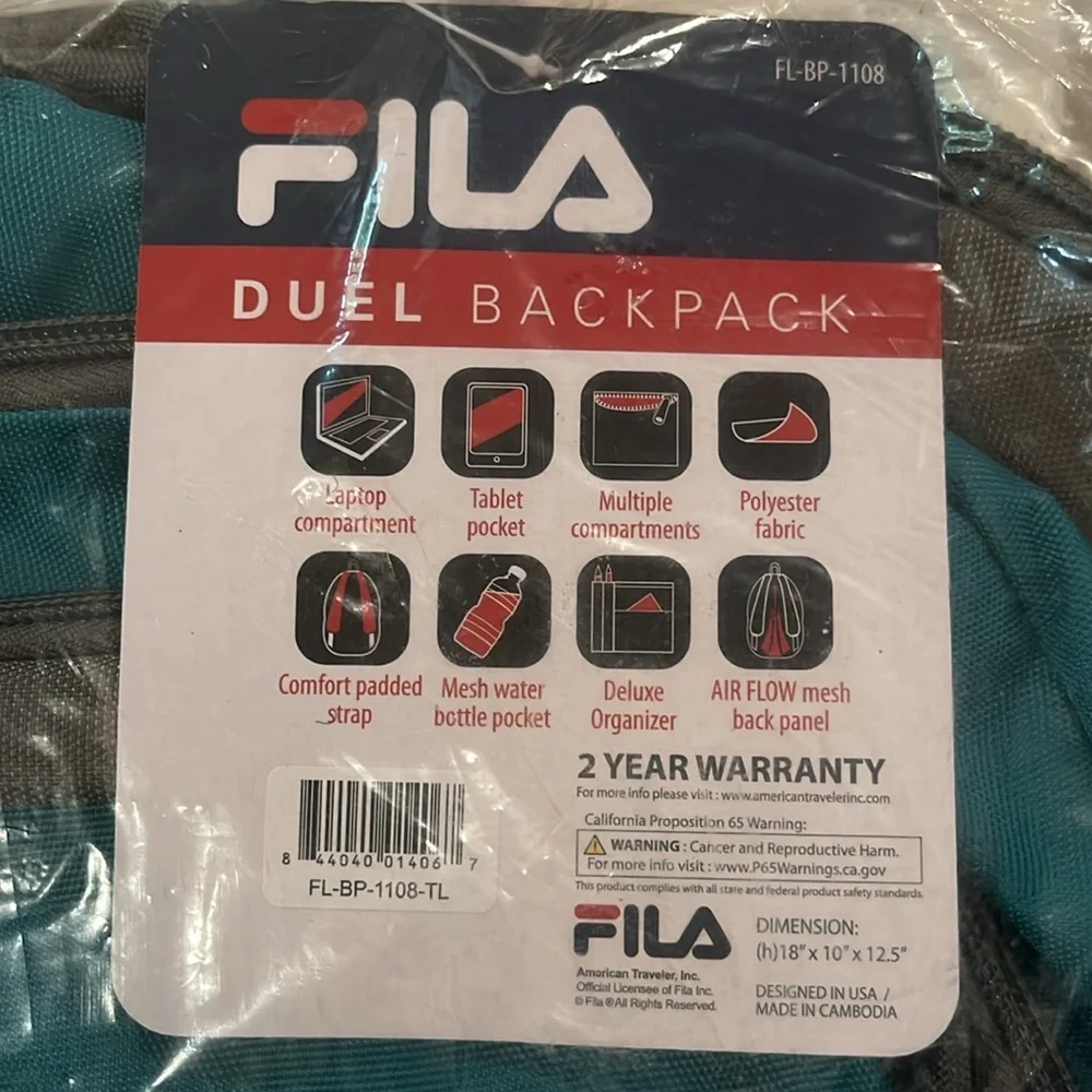 Fila Teal Duel Laptop Backpack/NWT